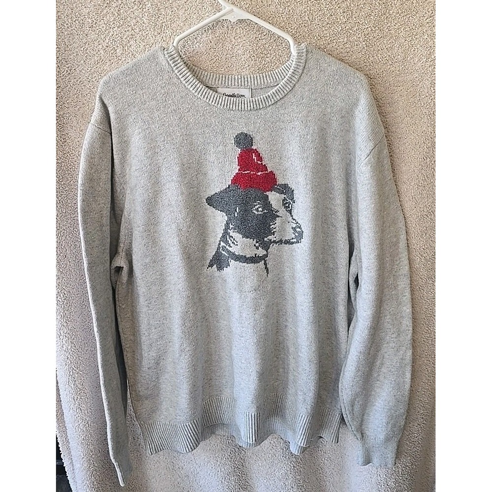Goodfellow & Co Beige Sweater‎ W/Dog Wearing Red Hat Holiday Christmas XXL